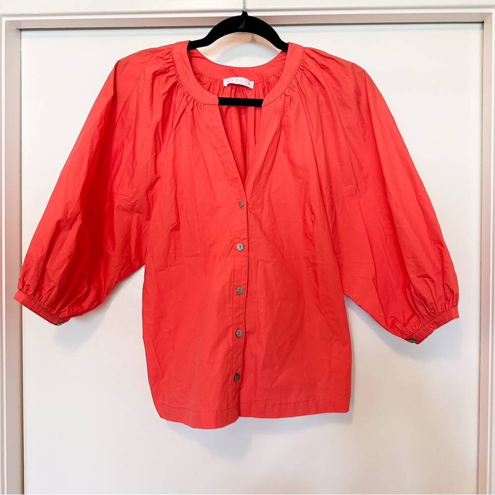 Karlie Orange Coral Puff Sleeve V-Neck Button-Up Blouse